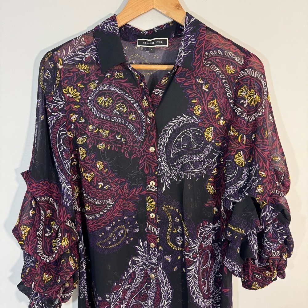 Melanie Lyne Puff Sleeve Blouse 4 Dark Paisley Floral Longline Button Up Shirt - Picture 2 of 11